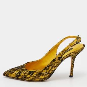 Pre Owned Dolce & Gabbana Yellow/Black Patent Leather And Chantilly Lace Bellucci Slingback Sandals Size 39