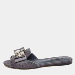 Pre Owned Dolce & Gabbana Grey Lizard Embossed Leather Crystal Embellished Bow Flat Slides Size 38