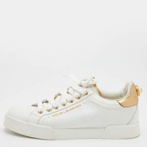 مملوكة مسبقًا Dolce & Gabbana White/Gold Leather Portofino Embellished Low Top Sneakers Size 38