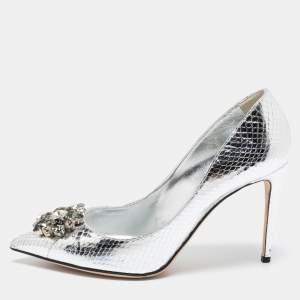 Pre Owned Dolce & Gabbana Silver Snake Embossed Leather Crystal Embellishments Pointed-Toe Pumps Size 40