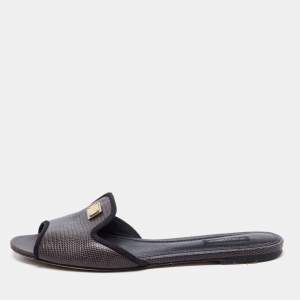 Pre Owned Dolce & Gabbana Dark Brown Lizard Embossed Leather Sofia Flat Sandals Size 40.5