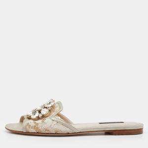 Pre Owned Dolce & Gabbana Off White Lace and Satin Crystal Embellished Bianca Flat Slides Size 35.5