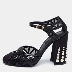 Pre Owned Dolce & Gabbana Black Patent Leather Pearl Embellished Heel Ankle Strap Sandals Size 38