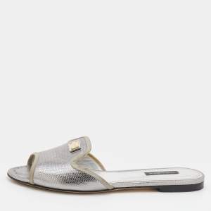 مملوكة مسبقًا Dolce & Gabbana Silver Lizard Embossed Leather Sofia Flat Slides Size 38