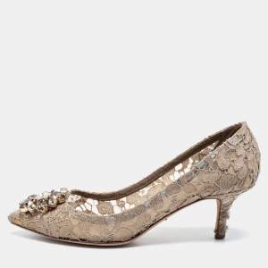Pre Owned Dolce & Gabbana Beige Lace Bellucci Pointed Toe Pumps Size 36.5