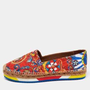 Dolce & Gabbana Multicolor Print Canvas Platform Espadrille Flats Size 40