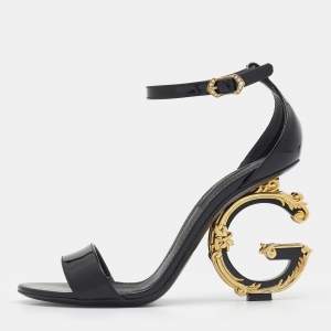 Pre Owned Dolce & Gabbana Black Patent Leather Keira Baroque Logo Ankle Strap Sandals Size 36.5