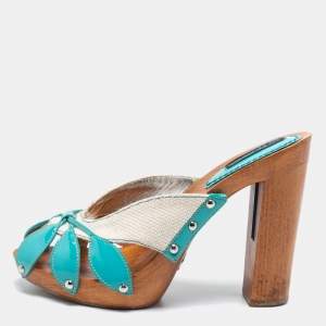 Pre Owned Dolce & Gabbana Turquoise/White Patent Leather and Canvas Block Heel Mules Size 37.5