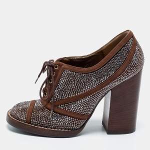 Dolce & Gabbana Brown Suede Crystal Embellishment Lace-Up Ankle Booties Size 37