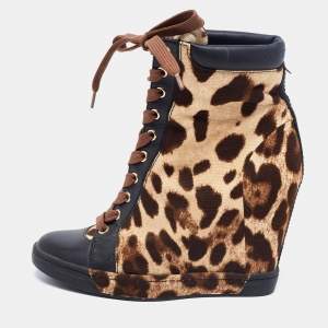 Pre Owned Dolce & Gabbana Black/Brown leopard Leather And Canvas Wedges Sneakers  Size 38
