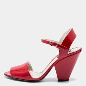 Pre Owned Dolce & Gabbana Red Patent Leather Block Heel Ankle Strap Sandals Size 39