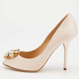 Pre Owned Dolce & Gabbana Light Pink Satin Crystal Embellished Peep Toe Pumps Size 39