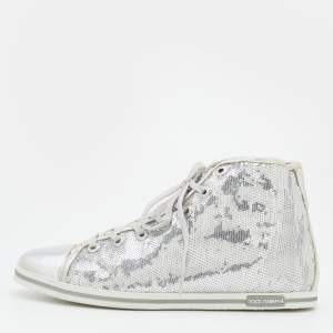 Pre Owned Dolce & Gabbana Metallic Silver Sequins Leather High Top Sneakers Size 40