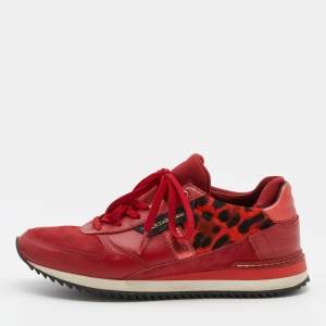Pre Owned Dolce & Gabbana Red Leather And Leopard Print Calf Hair Sneakers Size 37.5