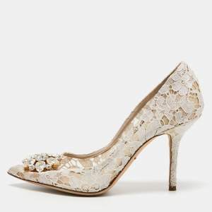 Dolce & Gabbana White Lace Crystal Embellished Bellucci Pointed Toe Pumps Size 40