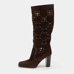 Pre Owned Dolce & Gabbana Brown Suede Embellished Knee Length Boots Size 38.5