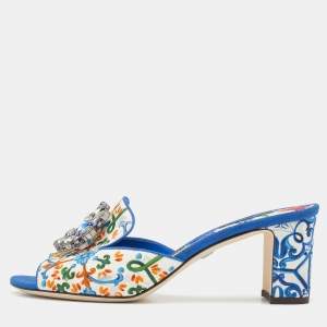 Pre Owned Dolce & Gabbana Multicolor Floral Print Fabric Embellished Slide Sandals Size 39