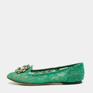Dolce & Gabbana Green Lace Crystal Embellished Taormina Ballet Flats Size 40