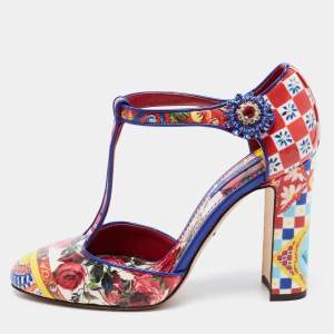 Pre Owned Dolce & Gabbana Multicolor Floral Print Patent Leather Embellished T-Strap Pumps Size 36.5