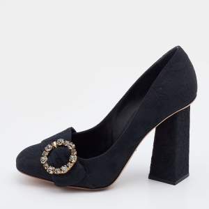 Pre Owned Dolce & Gabbana Black Jacquard Embellished Block Heel Pumps Size 38.5