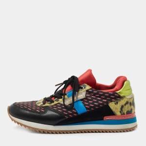 Pre Owned Dolce & Gabbana Multicolor Leather and Fabric  Lace Up Sneakers Size 37