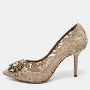 Dolce & Gabbana Beige Lace Bellucci Crystal Embellished Pumps Size 38.5