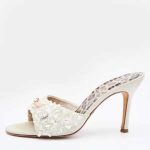 Pre Owned Dolce & Gabbana White Embellished Suede Slide Sandals Size 38