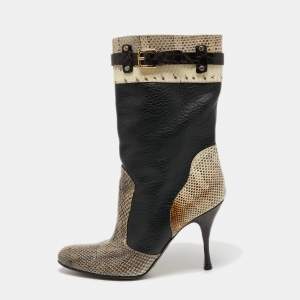 Dolce & Gabbana Black/Cream Python and Leather Mid Calf Boots Size 39