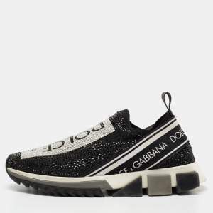 Dolce & Gabbana Black/Silver Crystal Embellished Knit Fabric Sorrento Sneakers Size 38