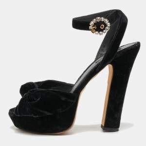 Dolce & Gabbana Black Knotted Velvet Platform Ankle Strap Sandals Size 39