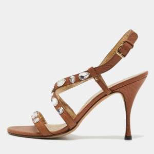 Dolce & Gabbana Brown Leather Crystal Embellished Ankle Strap Sandals Size 39