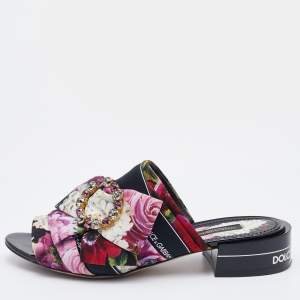 Pre Owned Dolce & Gabbana Multicolor Floral Print Fabric Embellished Slide Sandals Size 36