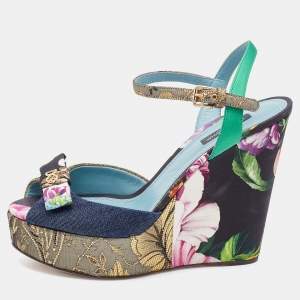 Pre Owned Dolce & Gabbana Multicolor Patchwork Fabric Platform Wedge Ankle Strap Sandals Size 39