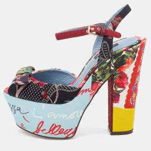 Dolce & Gabbana Multicolor Patchwork Fabric Platform Ankle Strap Block Heel Sandals Size 38.5