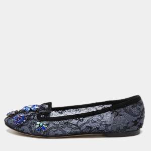 Dolce & Gabbana Navy Blue/Black Lace and Suede Vally Embellished Ballet Flats Size 37