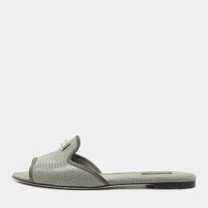 Dolce & Gabbana Grey Lizard Embossed Leather Sofia Slide Flats Size 39