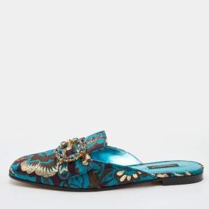 Dolce & Gabbana Blue/Brown Brocade Fabric Crystal Embellished Flat Mules Size 38.5