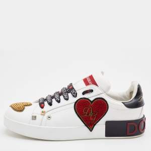 Dolce & Gabbana White/Black Leather Portofino Embellished Logo Sneakers Size 39.5