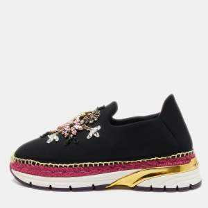 Dolce & Gabbana Black Neoprene Barcelona Crystal Embellished Sneakers Size 40.5
