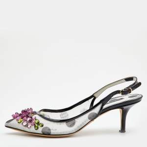 Pre Owned Dolce & Gabbana Black/White Mesh and Patent Leather Embellished Slingback Pumps Size 38
