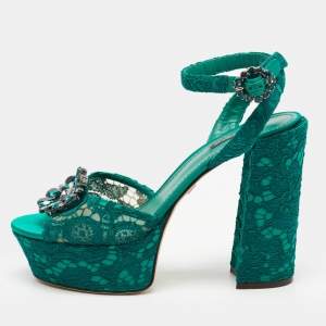 Dolce & Gabbana Green Lace and Satin  Keira Embellished Platform Sandals Size 41