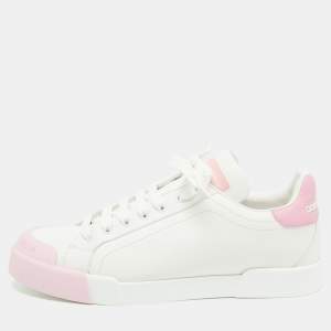 Pre Owned Dolce & Gabbana White/Pink Leather Portofino Low Top Sneakers Size 41