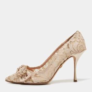 Pre Owned Dolce & Gabbana Beige Lace Crystal Embellishment Pointed Toe Pumps Size 40.5