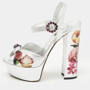 Pre Owned Dolce & Gabbana Silver Knotted Leather Floral Print Platform Ankle Strap Sandals Size 39