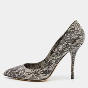Pre Owned Dolce & Gabbana Black/White Lace Print Pointed Toe Pumps Size 38.5