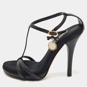 Pre Owned Dolce & Gabbana Black Leather Heritage Coin Detail Ankle Strap Sandals  Size 39