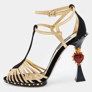 Pre Owned Dolce & Gabbana Black/Gold Leather, Velvet and Suede Heart Sculptured Heel Sandals Size 39