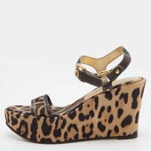 Pre Owned Dolce & Gabbana Brown/Beige Leopard Print Canvas and Leather Ankle Strap Wedge Sandals Size 37