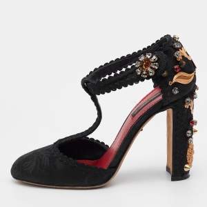 مملوكة مسبقًا  Dolce & Gabbana Black Fabric Crystal Embellished Block Heel Sandals Size 36