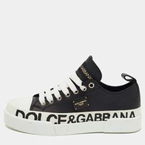 Pre Owned Dolce & Gabbana Black/White Leather Portofino Low Top Sneakers Size 35.5